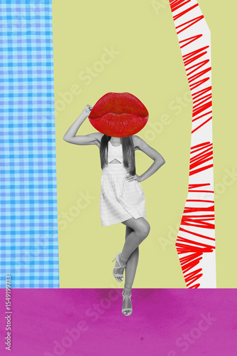 Vertical 3d image photo collage of anonym girl stand instead head mouth pouted lips pink pomade cosmetology enlarge filler