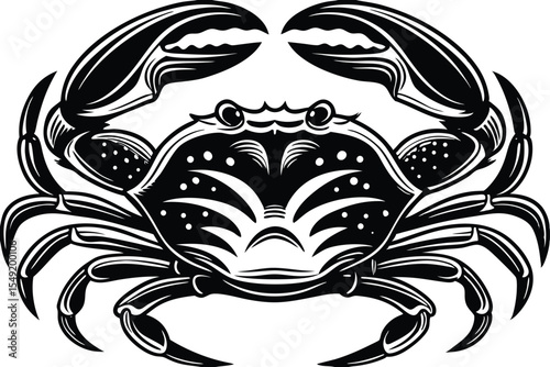 Black crab exhibits intricate markings on its carapace and formidable pincers, rendered in monochrome