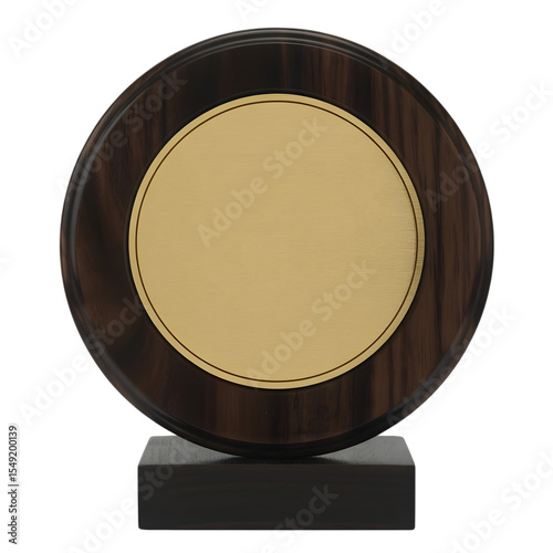 Blank round wooden award plaque with gold center isolated transparent background Png, AI Generative