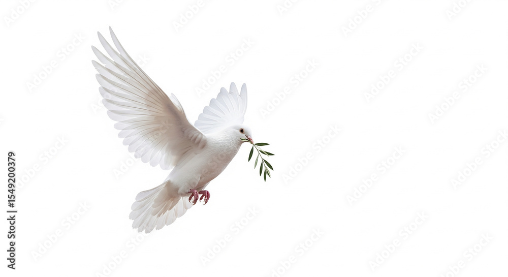 Fototapeta premium A pristine white dove soars, gracefully carrying an olive branch symbolizing peace and hope.