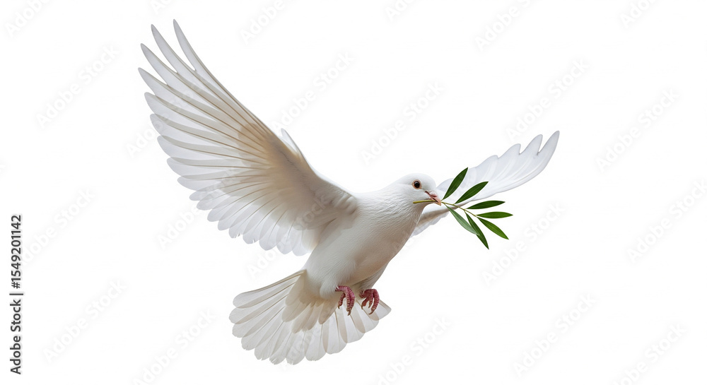 Obraz premium Dove gracefully soars with olive branch in beak, conveying serenity and hope on white background.