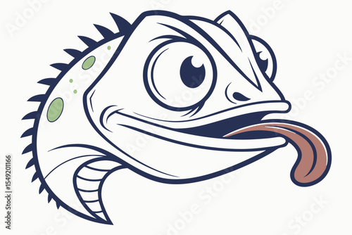 Animated chameleon head showing tongue exhibits amusing big eyes and spiky scales
