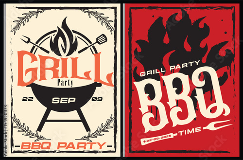 BBQ Party Posters, Grill Party Vector Illustration.