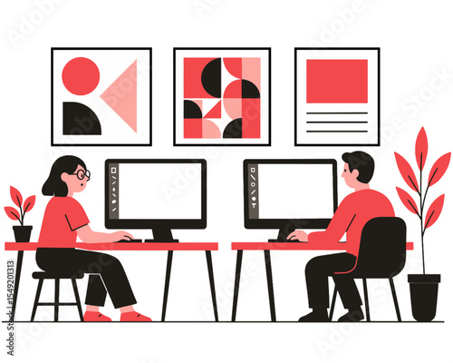 Flat Vector Illustration of Graphic Designers Working at Desks with Geometric Art on Wall