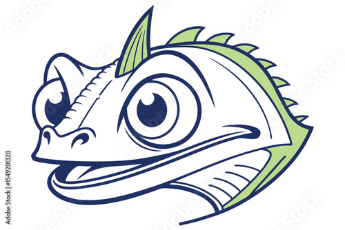 Cartoonish reptile head featuring white skin, green accents, and bold blue outlines is vividly portrayed
