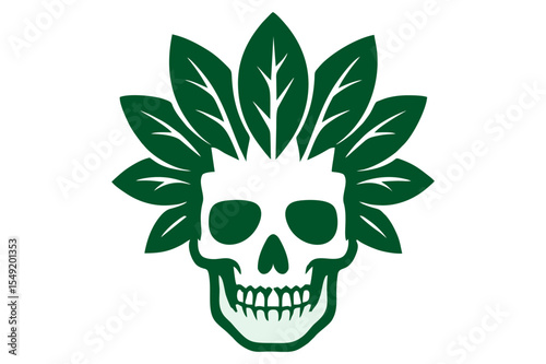 Green Skull Crowned with Leaves: Nature  Mortality Symbol