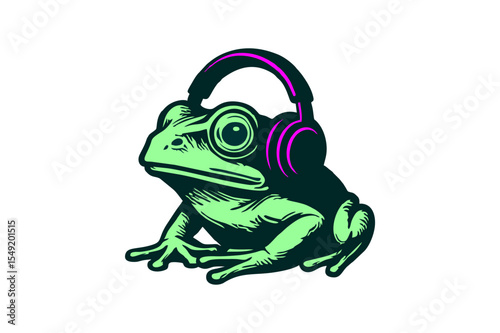 Chilling Frog Tunes: Groovy Green Amphibian Rocking Headphones Illustration