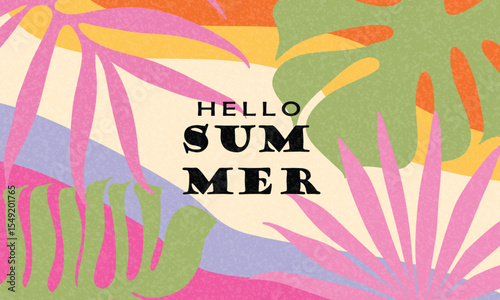 Hello Summer Abstract Tropical Leaves Vector Illustration