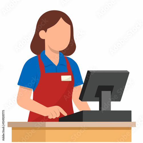 Young woman cashier, in front of cashier machine flat vector illustration.