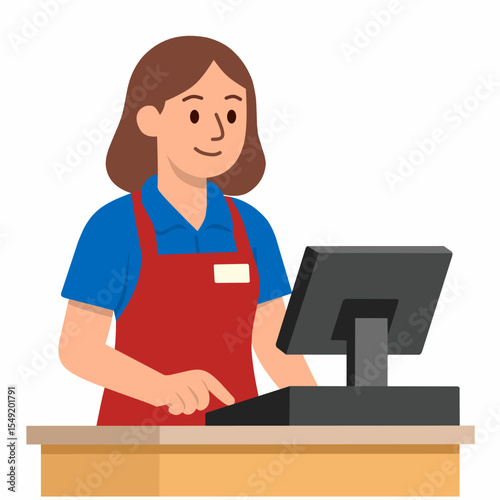 Young woman cashier, in front of cashier machine flat vector illustration.