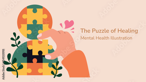 Vector illustration of a hand completing a puzzle figure representing mental health recovery and emotional healing. Ideal for therapy or healthcare topics.