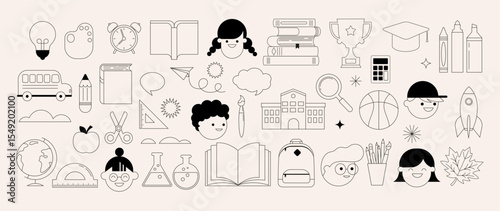 Back to school, children and school supplies black and white icons set