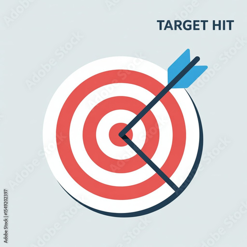Blue arrow perfectly hitting the bullseye on a red and white target