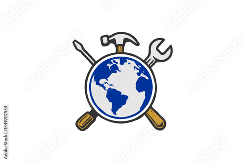 Global Repair Logo: Earth Globe with Crossed Hammer, Wrench, and Screwdriver for World Maintenance