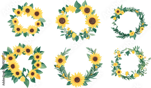 Set of Watercolor Sunflower Wreaths with Green Leaves on White Background