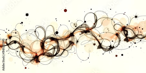 Abstract art featuring swirling black lines and splatters on a light background tone