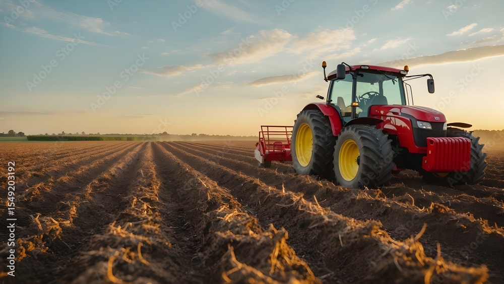 Fototapeta premium Red combine harvesters and tractors work to harvest crops in a summer agricultural field under a blue sky