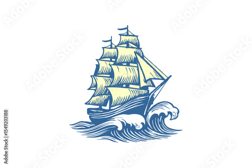 Majestic Sailing Ship on Raging Waves: A Vintage Nautical Illustration