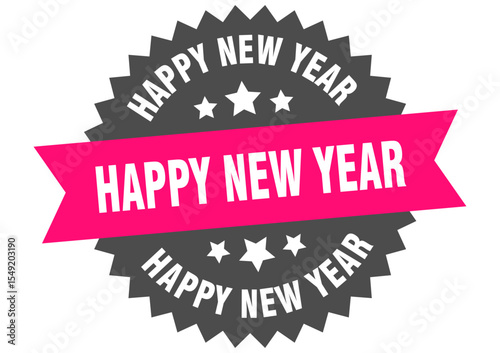 happy new year. happy new year round pink label isolated on transparent background