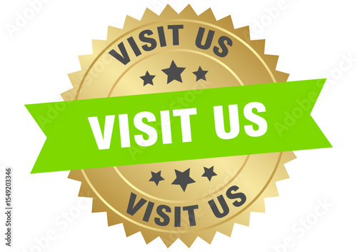 visit us. visit us round green and gold label isolated on transparent background