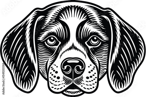 Black and white illustration presents a stoic dog face with unique linear line work