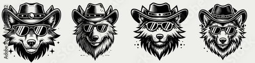 Wolf. Cowboy Western American Cartoon Animal Clipart Line Art Vector Illustration. Canine creature wild nature predator beast in habitat search forest.