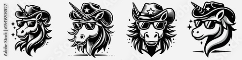 Unicorn. Cowboy Western American Cartoon Animal Clipart Line Art Vector Illustration. Mythical equine legendary beast fantasy creature with a single horn.
