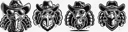 Turkey. Cowboy Western American Cartoon Animal Clipart Line Art Vector Illustration. Eurasian nation location a tourist place with cultural attraction and travel.