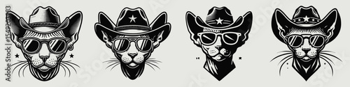 Sphynx Cat. Cowboy Western American Cartoon Animal Clipart Line Art Vector Illustration. Hairless feline breed naked kitty type domestic pet care and adoption guide.