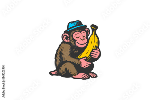 Monkey Business: Adorable Ape in a Blue Hat Cuddling a Banana - A Whimsical Cartoon Illustration