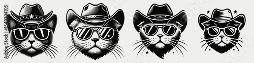 Scottish Fold Cat. Cowboy Western American Cartoon Animal Clipart Line Art Vector Illustration. Adorable lop ear feline a domestic pet breed for home and family.