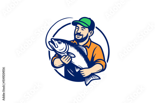 Happy Fisherman Holding a Big Fish Cartoon Logo in Circle Frame
