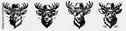 Reindeer. Cowboy Western American Cartoon Animal Clipart Line Art Vector Illustration. Christmas helper arctic deer caribou holiday mammal tundra creature.