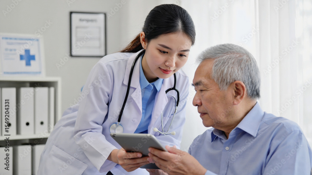 Fototapeta premium Two doctors reviewing medical information on a tablet