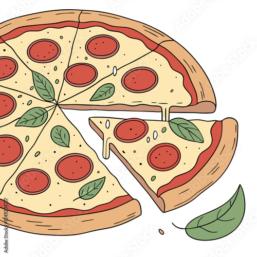 Delicious Cartoon Pizza with Pepperoni and Basil An Appetizing Visual Feast Depicting a Classic Italian Culinary Delight