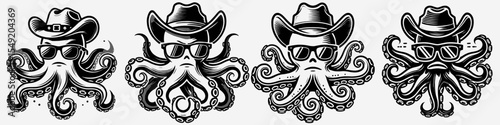 Octopus. Cowboy Western American Cartoon Animal Clipart Line Art Vector Illustration. Sea creature intelligent mollusk aquatic animal ocean invertebrate marine biology.