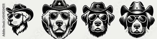Labrador Retriever Dog. Cowboy Western American Cartoon Animal Clipart Line Art Vector Illustration. Yellow canine breed a loyal domestic pet for active home life.
