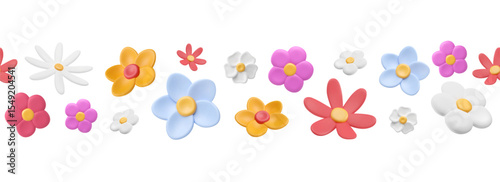 Border with summer flower buds. 3d bloom elements seamless pattern. Meadow background with plasticine shapes. Isolated vector illustration. Bright plants in plastic style.