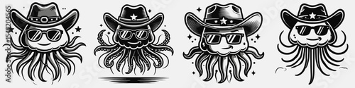 Jellyfish. Cowboy Western American Cartoon Animal Clipart Line Art Vector Illustration. Sea creature pulsing aquatic life form ocean inhabitant marine.