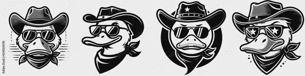 Fototapeta premium Duck. Cowboy Western American Cartoon Animal Clipart Line Art Vector Illustration. Waterfowl a bird that swims in water often seen park or farm pond.