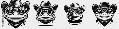Frog. Cowboy Western American Cartoon Animal Clipart Line Art Vector Illustration. Amphibian type creature close to ponds waterways a reptile family member.