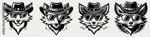Fox. Cowboy Western American Cartoon Animal Clipart Line Art Vector Illustration. Canine family learn detail about woodland creature a clever mammal of wildlife.