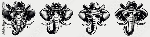 Elephant. Cowboy Western American Cartoon Animal Clipart Line Art Vector Illustration. Large mammal a jumbo creature iconic wildlife kind safari theme.