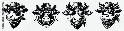 Cow. Cowboy Western American Cartoon Animal Clipart Line Art Vector Illustration. Bovine animal a farm mammal source of milk agriculture ranch livestock.