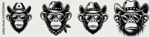 Chimpanzee. Cowboy Western American Cartoon Animal Clipart Line Art Vector Illustration. Great ape a primate close relative of human wild creature the jungle.