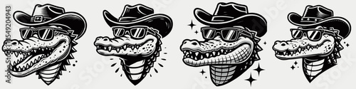 Crocodile. Cowboy Western American Cartoon Animal Clipart Line Art Vector Illustration. Big reptile predator of swamps alligator kin hazard near a waterhole.