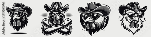 Chicken. Cowboy Western American Cartoon Animal Clipart Line Art Vector Illustration. Poultry farming a source of fowl tasty meat and farm bird cuisine.