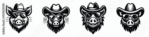 boar. Cowboy Western American Cartoon Animal Clipart Line Art Vector Illustration. Wild pig a feral hog dangerous mammal swine of the forest type.