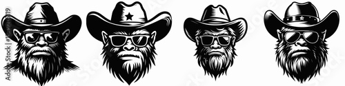 Bigfoot. Cowboy Western American Cartoon Animal Clipart Line Art Vector Illustration. Hairy hominid cryptid legend primal woodlands being mysterious primate creature.