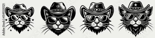 Black Cat. Cowboy Western American Cartoon Animal Clipart Line Art Vector Illustration. Feline friend pet care tips about domestic breed characteristics.